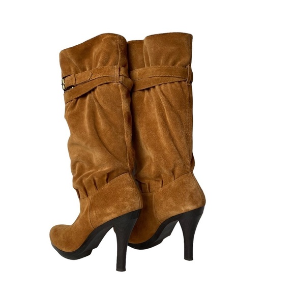Michael Kors Cognac Suede Slouch buckle pull on knee high Boot heels size 8.5 M - Picture 5 of 10